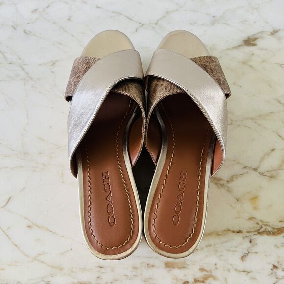 COACH Gold Brown Logo Wedge Heel Platform Slide Sandals - US 9.5 - Picture 6 of 8